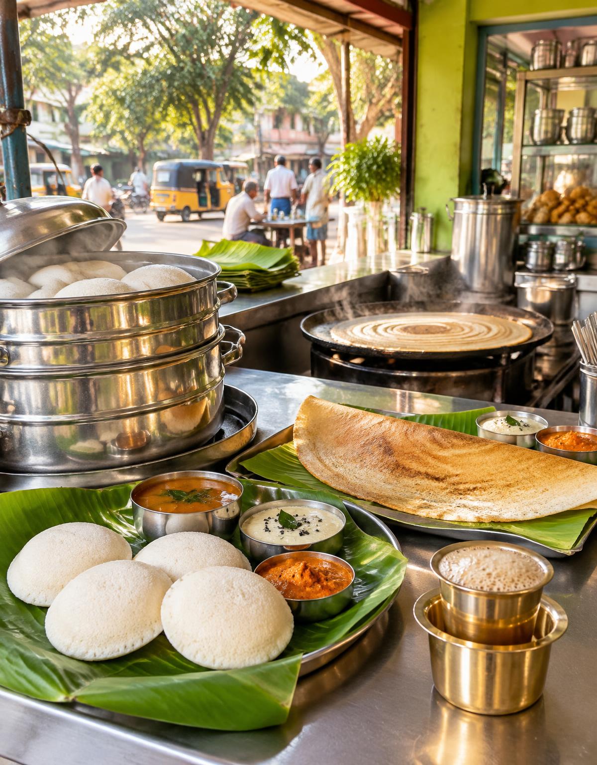 Fresh idli, dosa, and filter coffee at a local tiffin shop